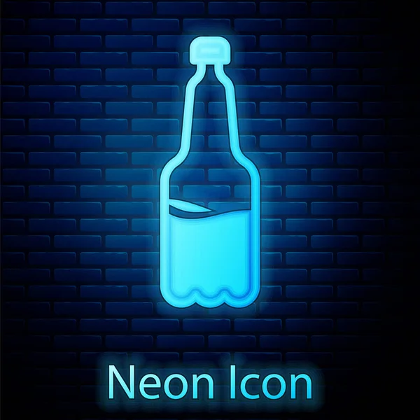 Glowing Neon Plastic Beer Bottle Icon Isolated Brick Wall Background — Stock Vector