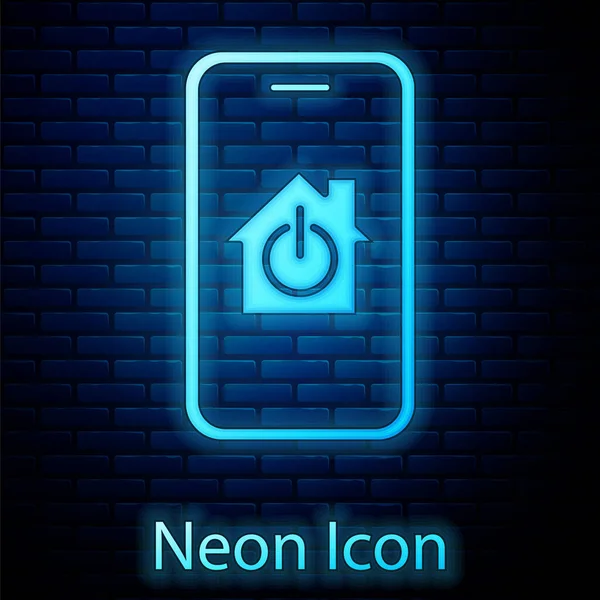 Glödande Neon Mobiltelefon Med Smart Hem Ikon Isolerad Tegelvägg Bakgrund — Stock vektor