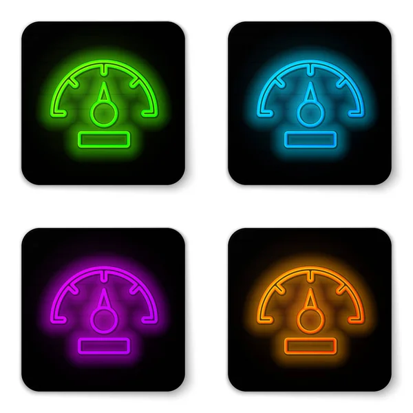 Glowing Neon Line Speedometer Icon Isolated White Background Black Square — Stock Vector