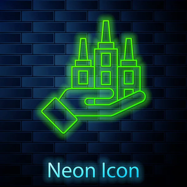 Ragyogó Neon Vonal Felhőkarcoló Ikon Elszigetelt Téglafal Háttér Metropolis Építészet — Stock Vector