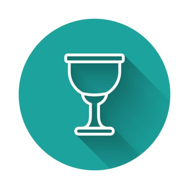 Beyaz çizgi Kutsal Kase ya da uzun gölge arkaplan izole edilmiş bir kadeh ikonu. Hıristiyan kadehi. Hıristiyanlık ikonu. Yeşil daire düğmesi. Vektör