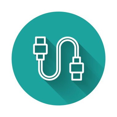 Beyaz çizgi USB kablo ikonu uzun gölge arkaplanı ile izole edildi. PC ve mobil cihazlar için bağlantı ve soketler. Yeşil daire düğmesi. Vektör