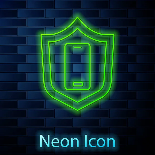 Zářící Neonová Linka Smartphone Mobilní Telefon Ikonou Bezpečnostního Štítu Izolované — Stockový vektor