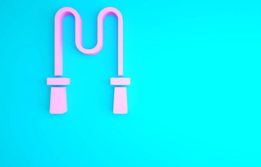Mavi arkaplanda pembe atlama ipi simgesi izole edildi. İp atlıyorum. Spor malzemeleri. Minimalizm kavramı. 3d illüstrasyon 3B canlandırma.