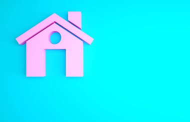 Pembe Ev simgesi mavi arkaplanda izole edilmiş. Ev sembolü. Minimalizm kavramı. 3d illüstrasyon 3B canlandırma.
