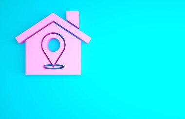 Mavi arkaplanda ev simgesi olan pembe harita işaretçisi. Ev konumu belirleyici sembol. Minimalizm kavramı. 3d illüstrasyon 3B canlandırma.