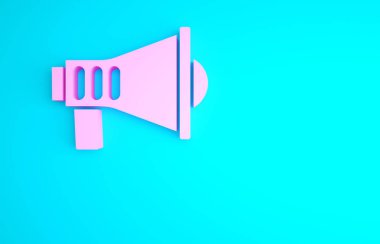 Mavi arkaplanda izole edilmiş pembe megafon simgesi. Sözcü işareti. Minimalizm kavramı. 3d illüstrasyon 3B canlandırma.