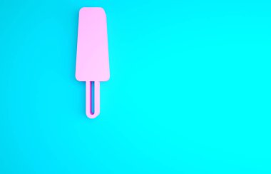 Mavi arka planda izole edilmiş çubuk ikonunda pembe dondurma. Güzel sembol. Minimalizm kavramı. 3d illüstrasyon 3B canlandırma.