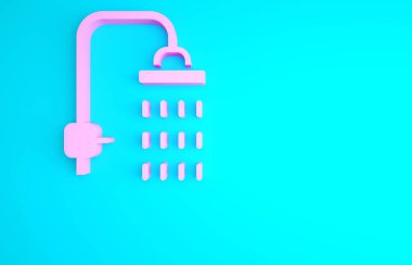Mavi arka planda su damlalarının aktığı pembe duş başlığı izole edilmiş. Minimalizm kavramı. 3d illüstrasyon 3B canlandırma.
