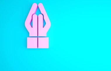 Pembe Eller dua konumunda mavi arka planda izole edilmiş bir simge. Tanrı 'ya inanç ve umutla dua edin. Minimalizm kavramı. 3d illüstrasyon 3B canlandırma.