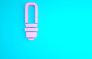 Pembe LED ampul simgesi mavi arkaplanda izole edildi. Ekonomik LED ışıklı ampul. Enerji lambasını sakla. Minimalizm kavramı. 3d illüstrasyon 3B canlandırma.