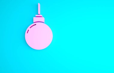 Mavi arkaplanda pembe lamba asılı ikon. Tavan lambası ampulü. Minimalizm kavramı. 3d illüstrasyon 3B canlandırma.