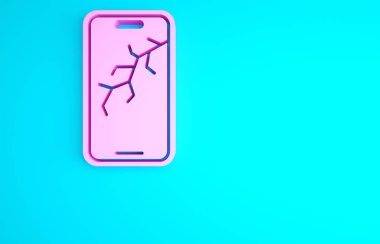 Kırık ekran simgesine sahip pembe akıllı telefon mavi arkaplanda izole edilmiş. Parçalanmış telefon ekranı simgesi. Minimalizm kavramı. 3d illüstrasyon 3B canlandırma.