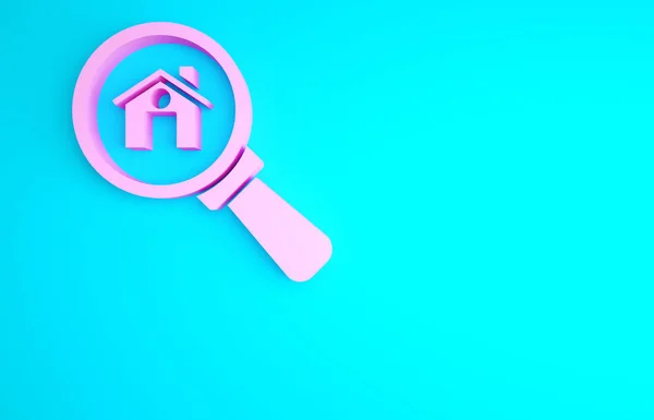 Pink Search House Icon Terisolasi Dengan Latar Belakang Biru Simbol — Stok Foto