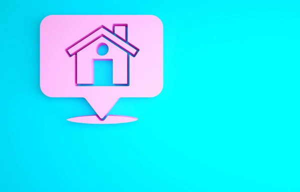 青の背景に家のアイコンが隔離されたピンクの地図ポインタ ホームロケーションマーカーシンボル 最小限の概念 3Dイラスト3Dレンダリング — ストック写真