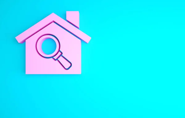 Pink Search House Icon Terisolasi Dengan Latar Belakang Biru Simbol — Stok Foto