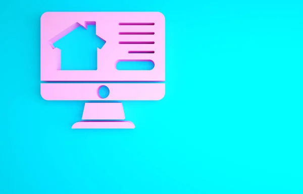 Розовый Онлайн Дом Недвижимости Мониторе Иконка Изолирована Синем Фоне Концепция — стоковое фото