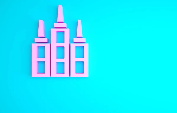 青の背景にピンクのスカイスクレーパーアイコンを隔離 メトロポリス建築パノラマ風景 最小限の概念 3Dイラスト3Dレンダリング — ストック写真