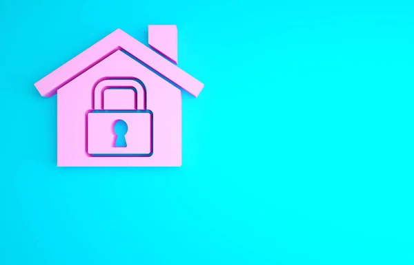 Pink House Protection Icon Isolated Blue Background Home Lock Protection — Stock Photo, Image