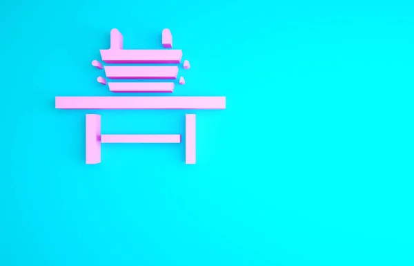 青い背景にバケツアイコンが隔離されたピンクのサウナベンチ 最小限の概念 3Dイラスト3Dレンダリング — ストック写真