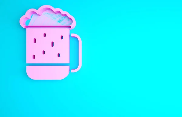 Ροζ Ξύλινο Εικονίδιο Κούπα Μπύρα Απομονώνονται Μπλε Φόντο Μινιμαλιστική Έννοια — Φωτογραφία Αρχείου