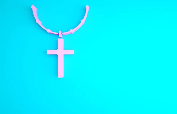 Roze Christelijk Kruis Ketting Pictogram Geïsoleerd Blauwe Achtergrond Kerkkruis Minimalisme — Stockfoto