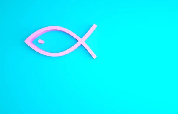 Pink Christian fish symbol icon isolated on blue background. Jesus fish symbol. Minimalism concept. 3d illustration 3D render.