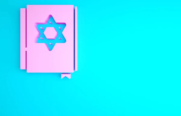 Pink Jewish torah book icon isolated on blue background. Pentateuch of Moses. On the cover of the Bible is the image of the Star of David. Minimalism concept. 3d illustration 3D render.