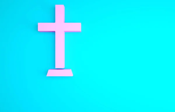 青の背景にピンクのクリスチャンクロスアイコン 教会の十字架 最小限の概念 3Dイラスト3Dレンダリング — ストック写真