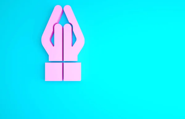 粉红手在祈祷位置图标孤立在蓝色背景 带着信心和希望向上帝祈祷 最低纲领的概念 3D渲染3D插图 — 图库照片