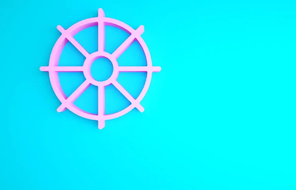 Pink Dharma wheel icon isolated on blue background. Buddhism religion sign. Dharmachakra symbol. Minimalism concept. 3d illustration 3D render.