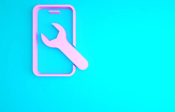 Pink Mobile Phone Wrench Icon Isolated Blue Background Adjusting Service — Stock Photo, Image