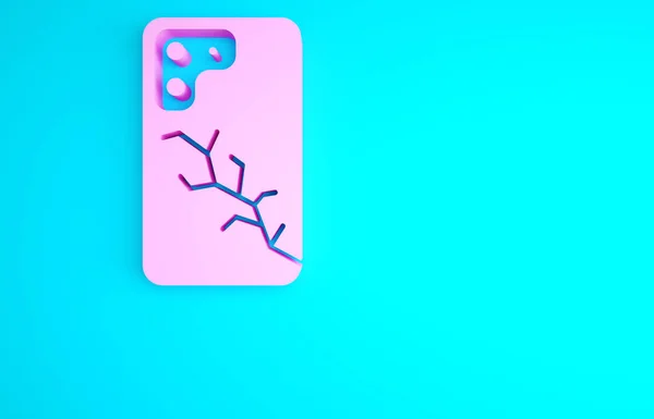 Pinkfarbenes Smartphone Mit Kaputtem Bildschirm Symbol Auf Blauem Hintergrund Zertrümmertes — Stockfoto