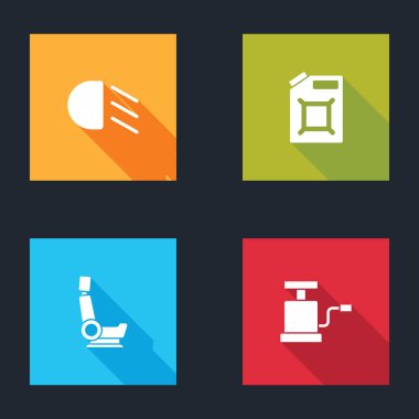 Yüksek kiriş, benzin bidonu, araba koltuğu ve hava pompası ikonu ayarlayın. Vektör