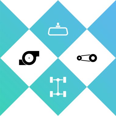 Otomotiv turbo şarj aleti, Chassis arabası, araba aynası ve zamanlama kemeri ikonu ayarla. Vektör