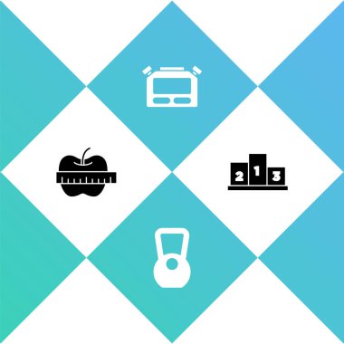 Apple ve mezura, Kettlebell, Stopwatch ve ödüllerini spor şampiyonu podyum ikonu yerine ayarla. Vektör