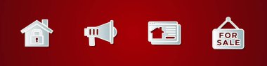 House 'u koruma altına alın, Megaphone, Online emlak evi ve Satılık İkonla Asılma tabelası. Vektör