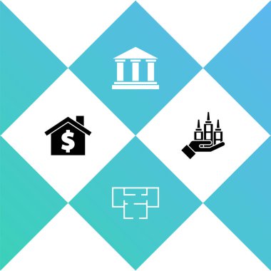 House 'u dolar sembollü, planlı, müze binalı ve gökdelen ikonlu ayarla. Vektör