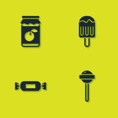 Reçel kavanozu, lolipop, şeker ve dondurma ikonu. Vektör