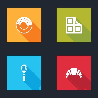 Set Donut, Çikolata, Mutfak çırpısı ve Kruvasan ikonu. Vektör