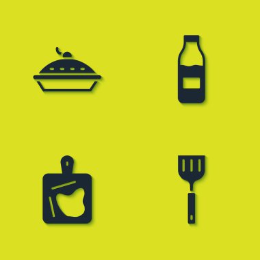 Ev yapımı turta, Spatula, kesme tahtası ve süt ikonlu şişe hazırla. Vektör