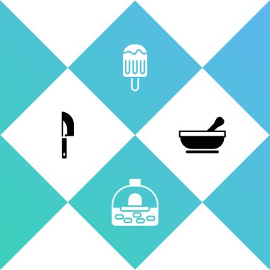 Set Bıçağı, Brick sobası, Dondurma ve Havan topu ve tokmak ikonu. Vektör