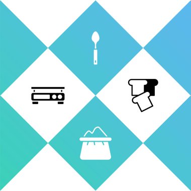 Elektronik teraziler, un torbası, kaşık ve ekmek tostu ikonu. Vektör