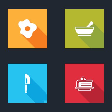 Çırpılmış yumurta, havan topu, bıçak ve kek ikonu. Vektör