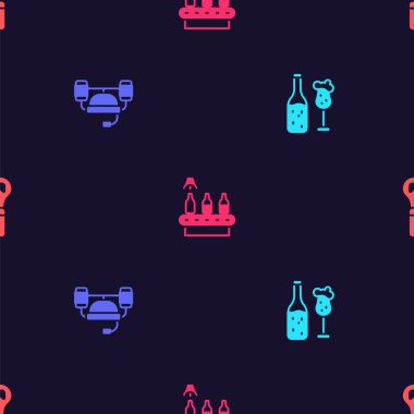 Bira şişesi, cam, kask, konveyör bandı, bira ve şişe açacağını kusursuz desenlere ayarlayın. Vektör