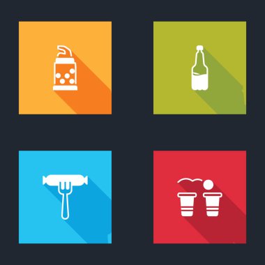 Şişe açacağı, plastik bira şişesi çatalda sosis ve bira pong ikonu. Vektör