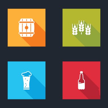 Tahta fıçı, buğday, bir bardak bira ve plastik şişe ikonu. Vektör