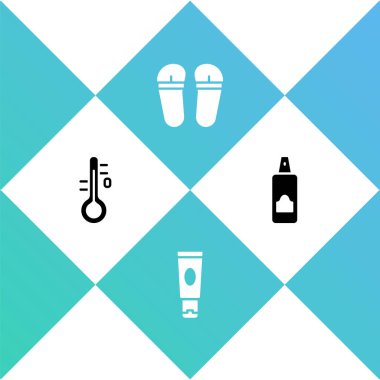 Sauna termometresi, krem veya losyon kozmetik tüpü, saç spreyi ikeri için terlik ve sprey kutusu ayarla. Vektör