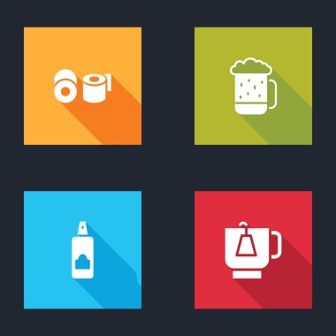 Tuvalet kağıdı rulosu, tahta bira kupası, saç spreyi için sprey kutusu ve çay poşeti ikonlu çay. Vektör