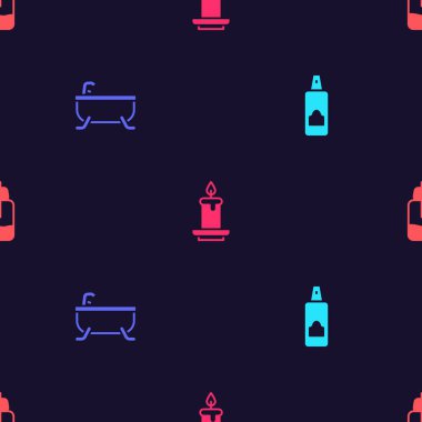 Saç spreyi, küvet, Aroma mumu ve temel yağ şişesini kusursuz desenlere ayarlayın. Vektör